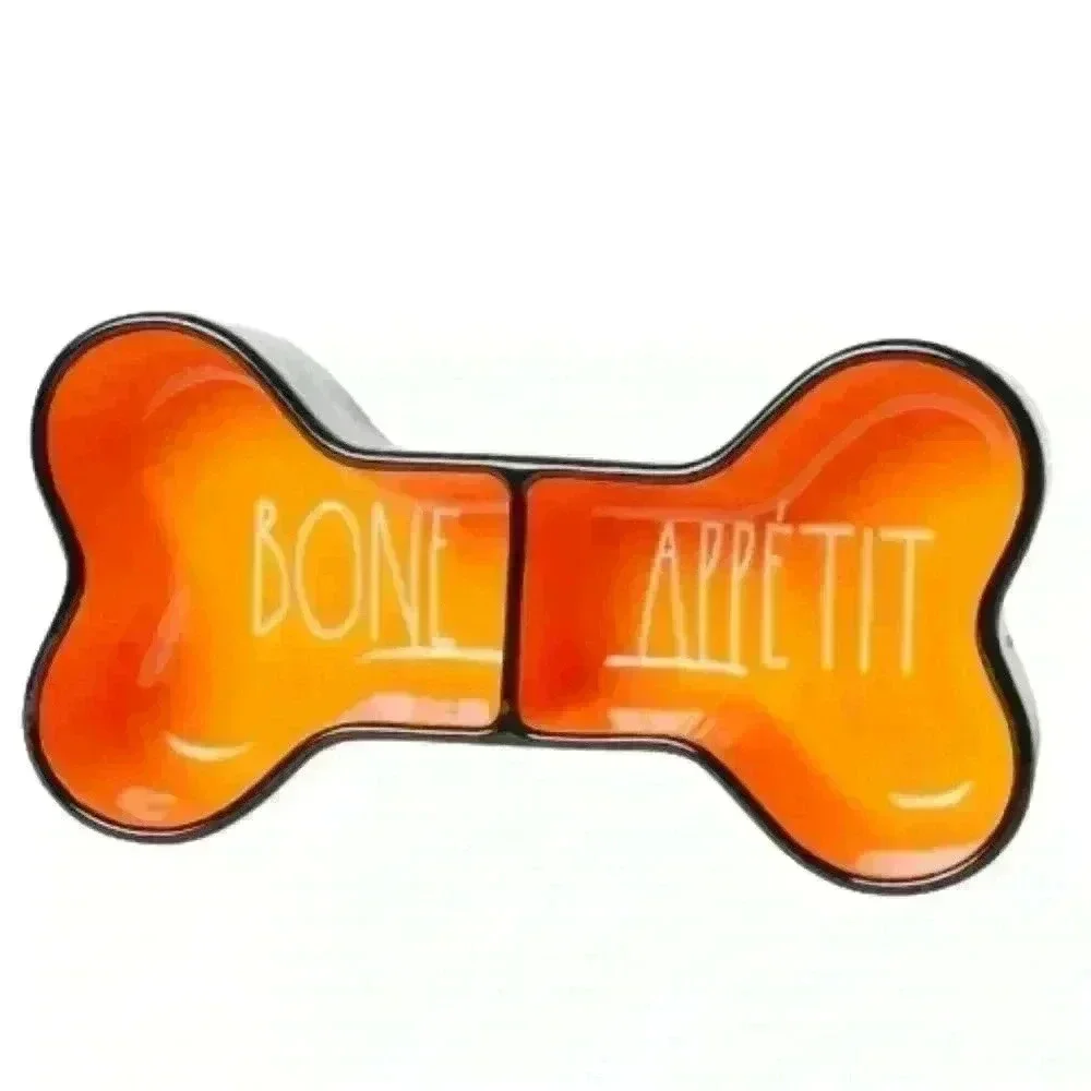 NEW Rae Dunn - BONE APPETITE - Glazed Ceramic Dual Pet Bowl/DISH